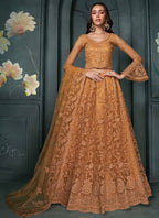 Vegaa Fashion Designer Orange Net Embroidery Bridal Lehenga