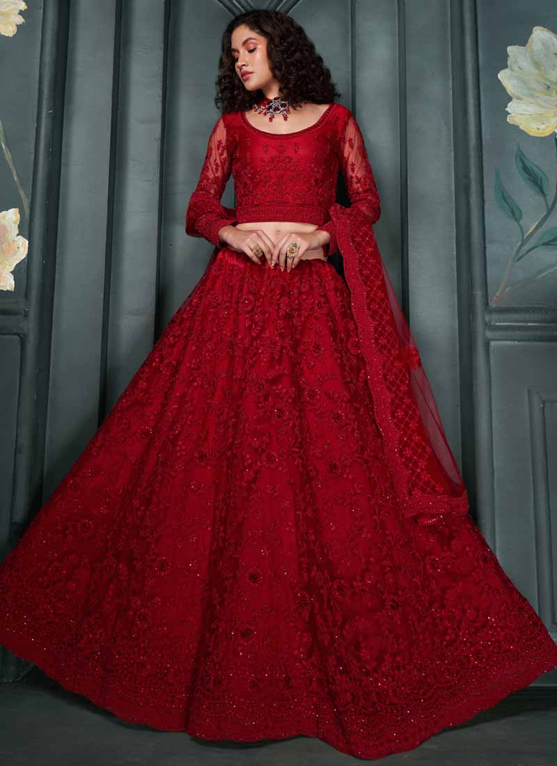 Vegaa Fashion Designer Red Net Embroidery Bridal Lehenga