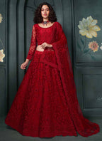 Vegaa Fashion Designer Red Net Embroidery Bridal Lehenga