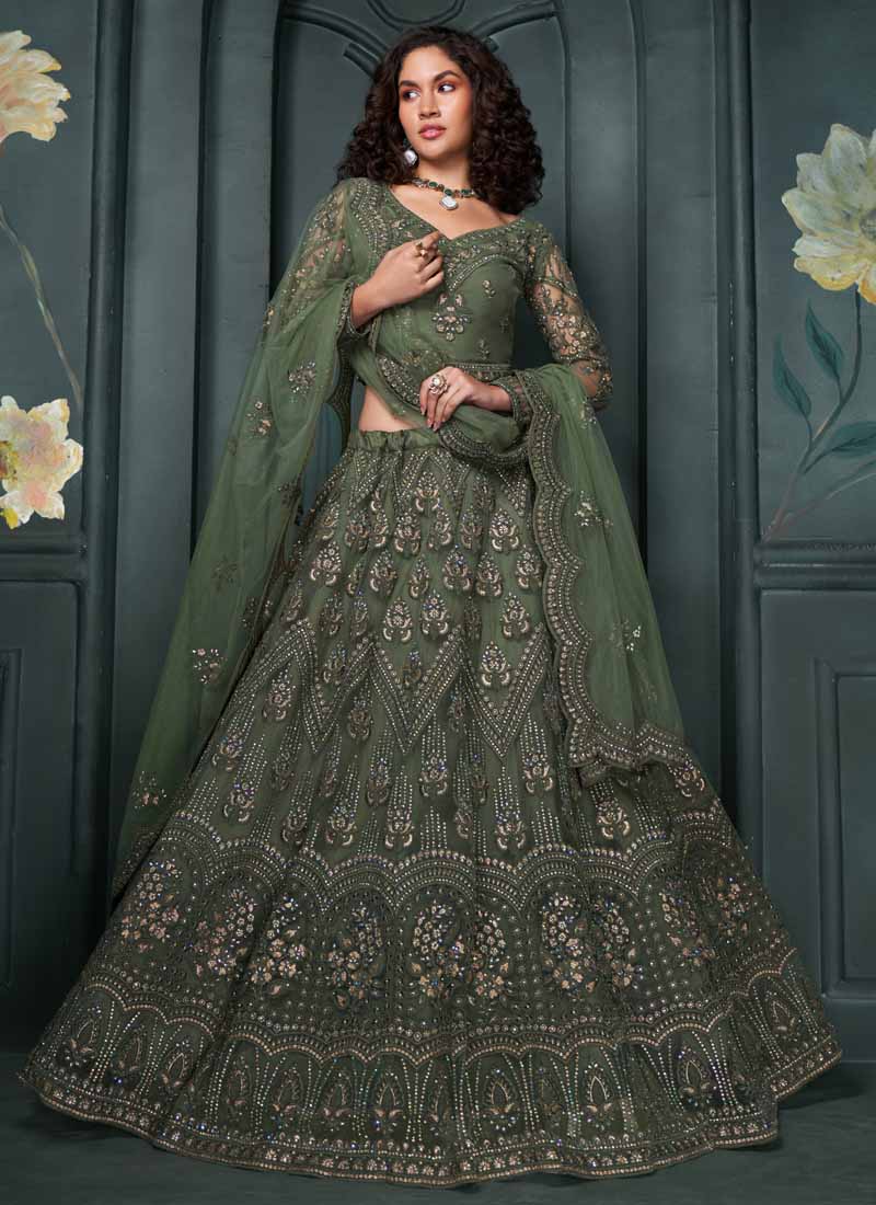 Vegaa Fashion Designer Mehendi Net Embroidery Bridal Lehenga