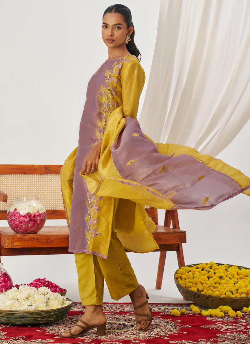 Vegaa Fashion Yellow And Lavender Organza Embroidered Party Wear Suit - Distacart