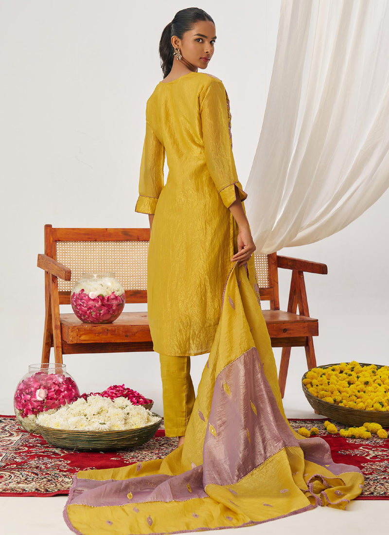 Vegaa Fashion Yellow And Lavender Organza Embroidered Party Wear Suit - Distacart