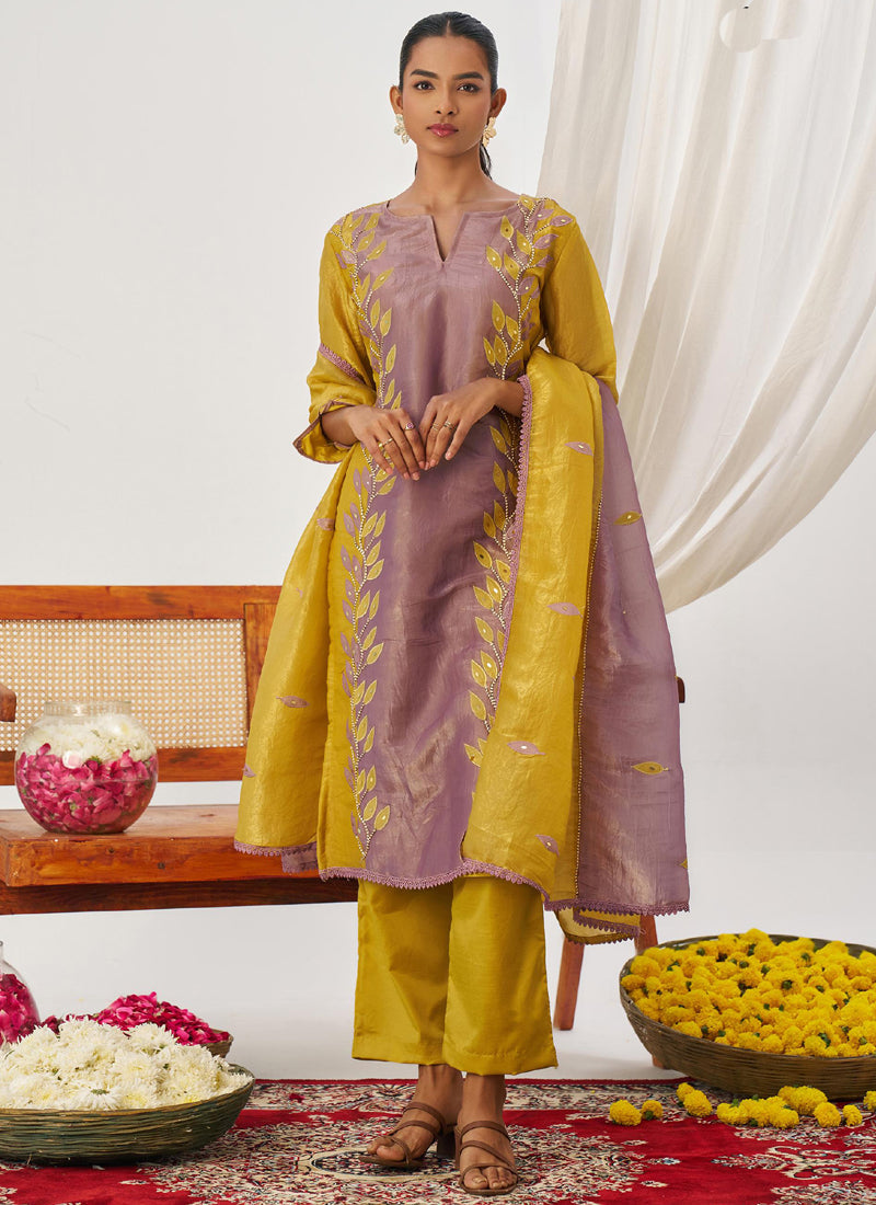 Vegaa Fashion Yellow And Lavender Organza Embroidered Party Wear Suit - Distacart