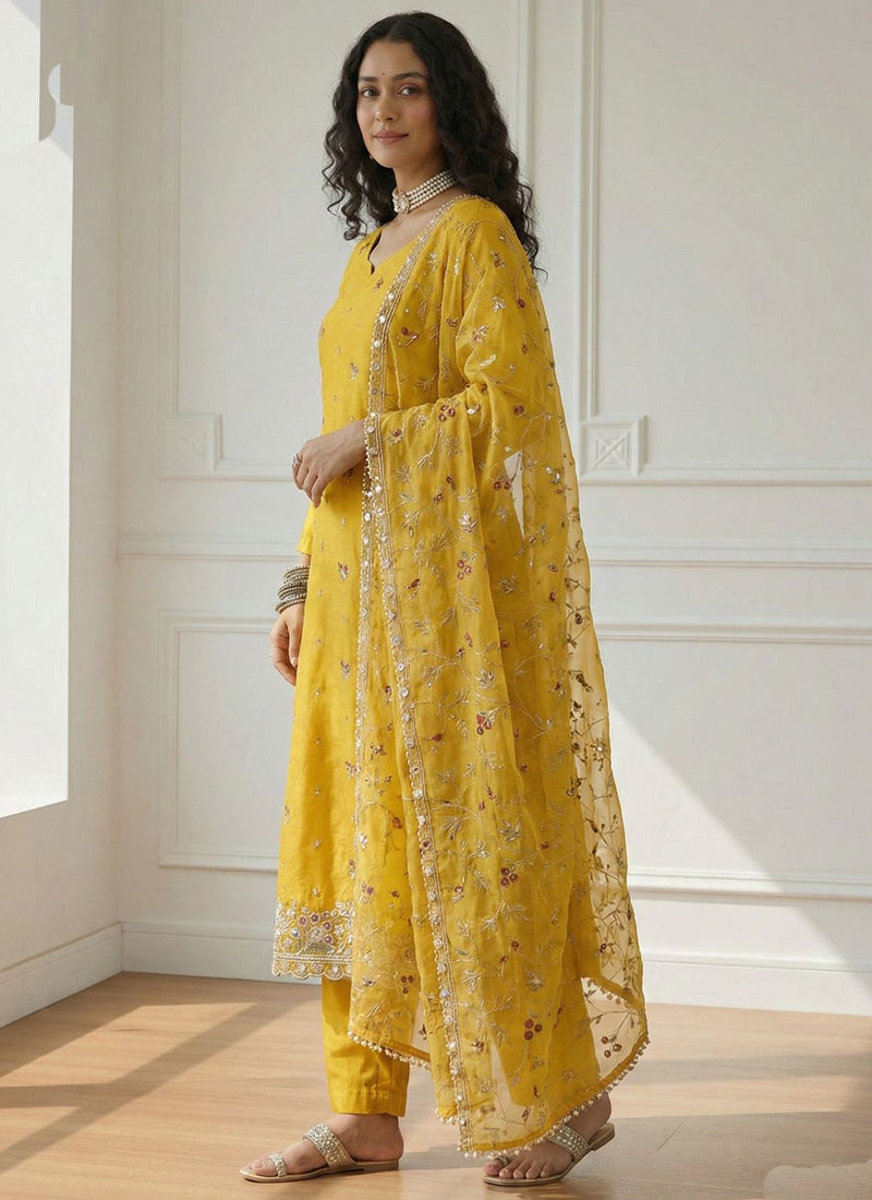 Vegaa Fashion Yellow Shimmer Organza Embroidered Party Wear Suit - Distacart