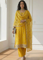 Vegaa Fashion Yellow Shimmer Organza Embroidered Party Wear Suit - Distacart