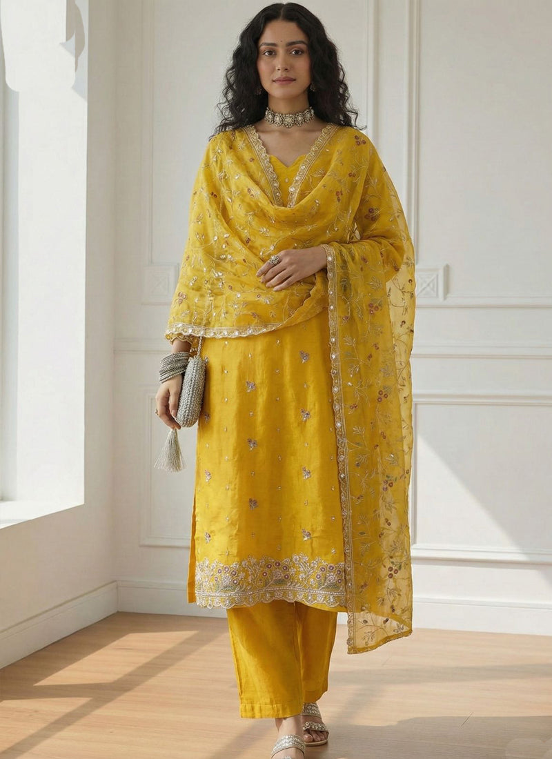 Vegaa Fashion Yellow Shimmer Organza Embroidered Party Wear Suit - Distacart