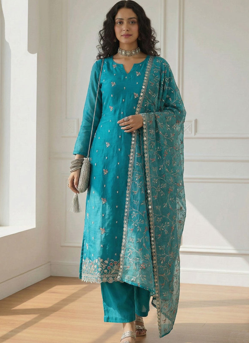 Vegaa Fashion Sky Blue Shimmer Organza Embroidered Party Wear Suit - Distacart