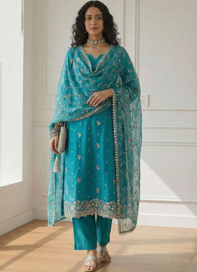 Vegaa Fashion Sky Blue Shimmer Organza Embroidered Party Wear Suit - Distacart