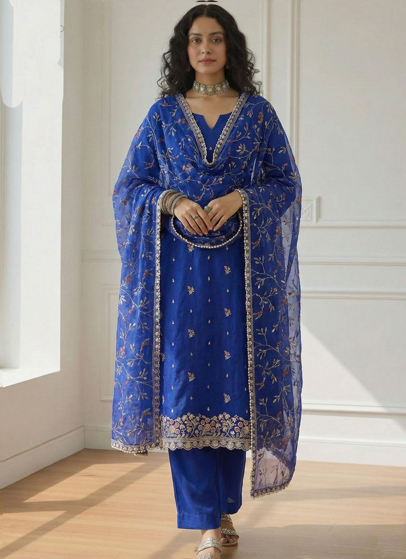 Vegaa Fashion Blue Shimmer Organza Embroidered Party Wear Suit - Distacart
