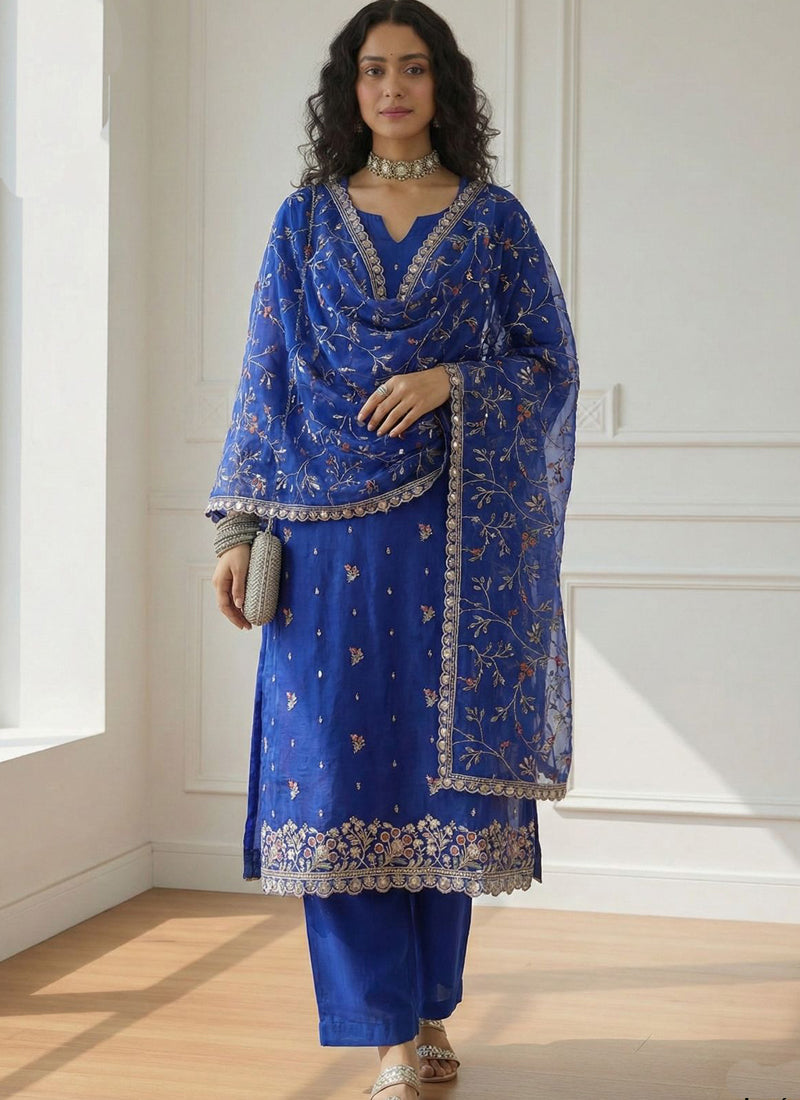 Vegaa Fashion Blue Shimmer Organza Embroidered Party Wear Suit - Distacart