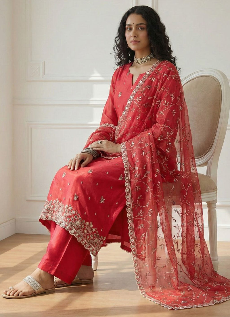 Vegaa Fashion Red Shimmer Organza Embroidered Party Wear Suit - Distacart