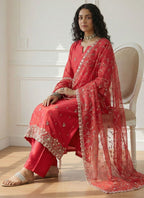 Vegaa Fashion Red Shimmer Organza Embroidered Party Wear Suit - Distacart