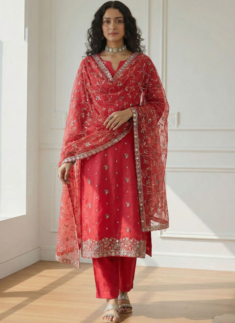 Vegaa Fashion Red Shimmer Organza Embroidered Party Wear Suit - Distacart