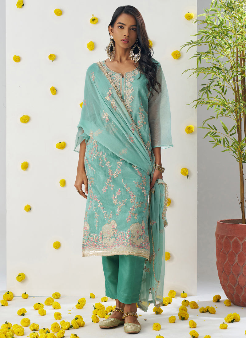 Vegaa Fashion Sky Blue Organza Embroidered Salwar Suit - Distacart