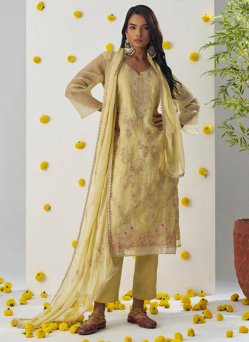 Vegaa Fashion Light Yellow Organza Embroidered Salwar Suit - Distacart