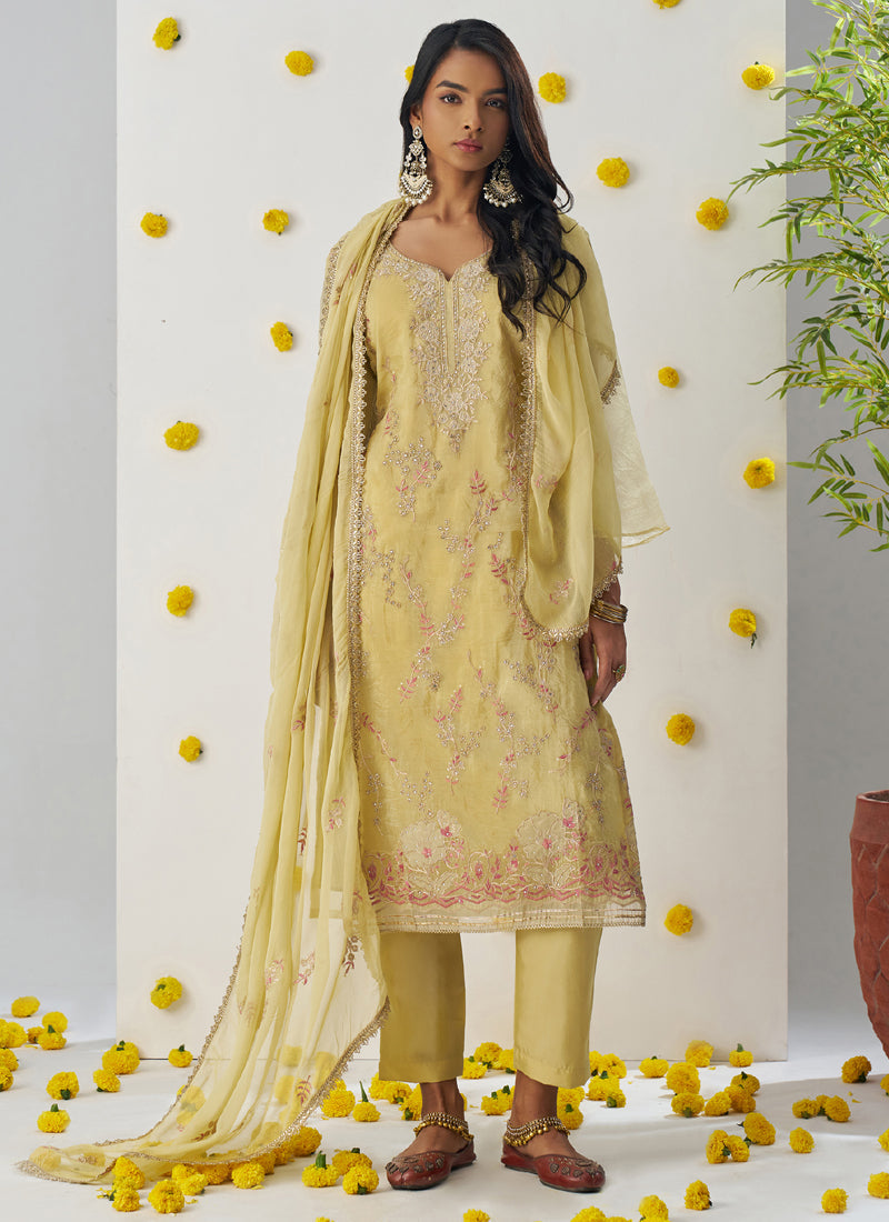 Vegaa Fashion Light Yellow Organza Embroidered Salwar Suit - Distacart