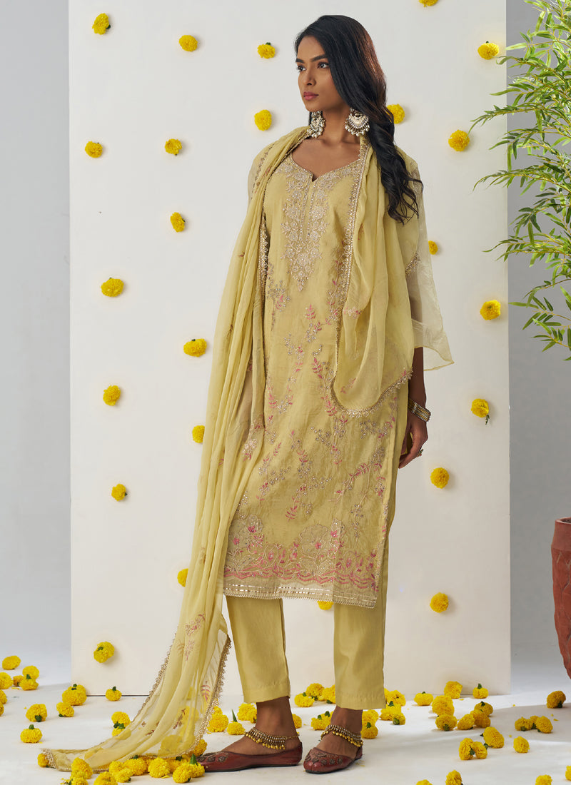 Vegaa Fashion Light Yellow Organza Embroidered Salwar Suit - Distacart