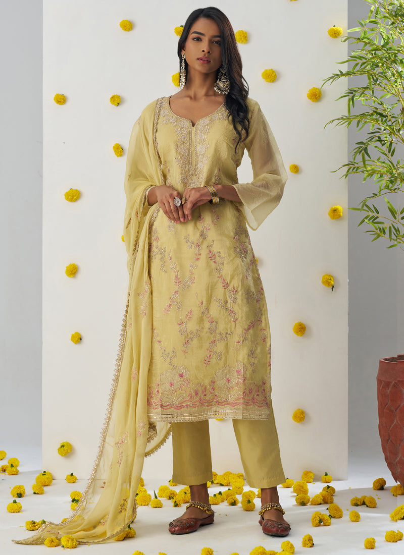 Vegaa Fashion Light Yellow Organza Embroidered Salwar Suit - Distacart