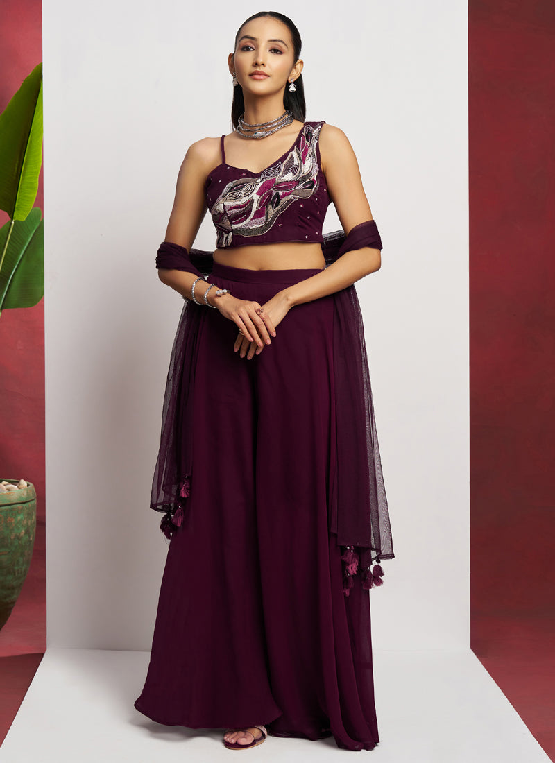 Vegaa Fashion Wine Georgette Khatli Work Western Sharara - Distacart