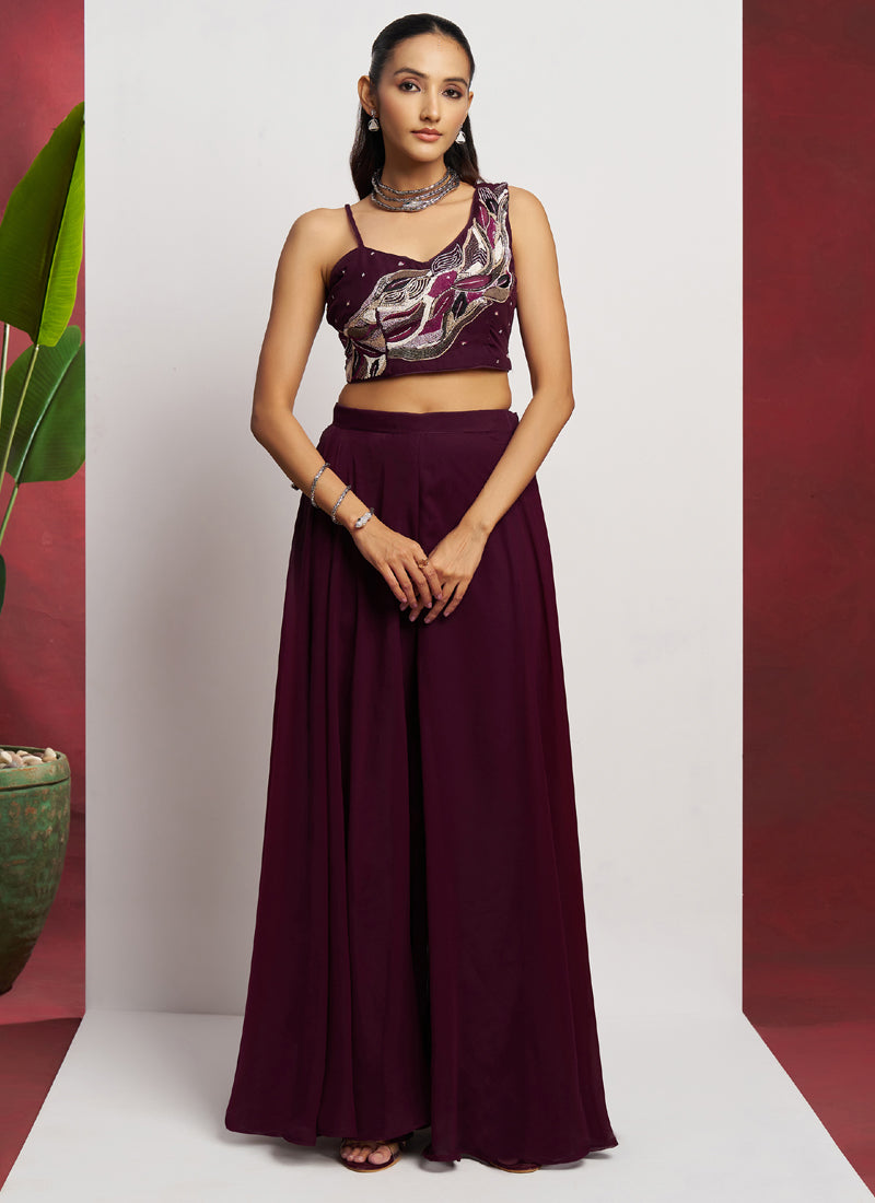 Vegaa Fashion Wine Georgette Khatli Work Western Sharara - Distacart