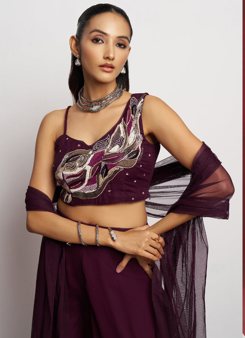Vegaa Fashion Wine Georgette Khatli Work Western Sharara - Distacart