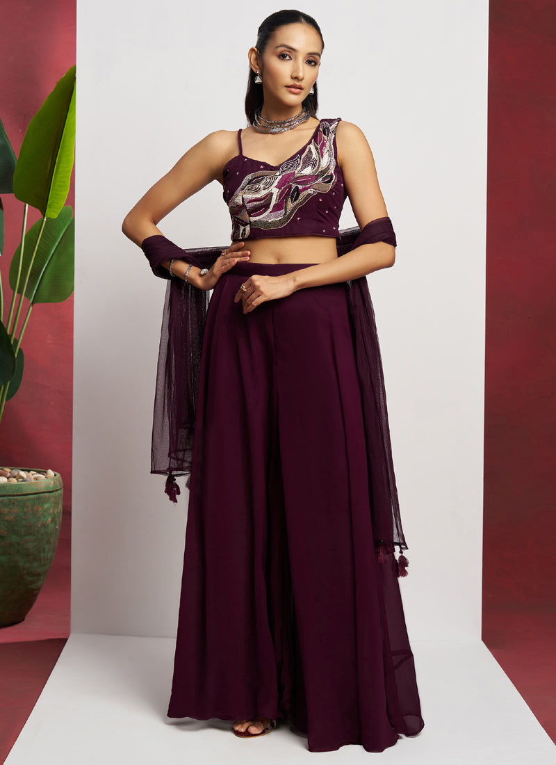 Vegaa Fashion Wine Georgette Khatli Work Western Sharara - Distacart