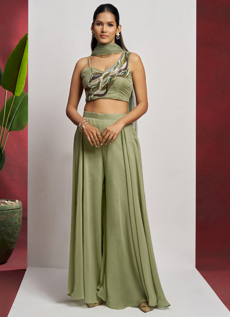 Vegaa Fashion Sea Green Georgette Khatli Work Western Sharara - Distacart