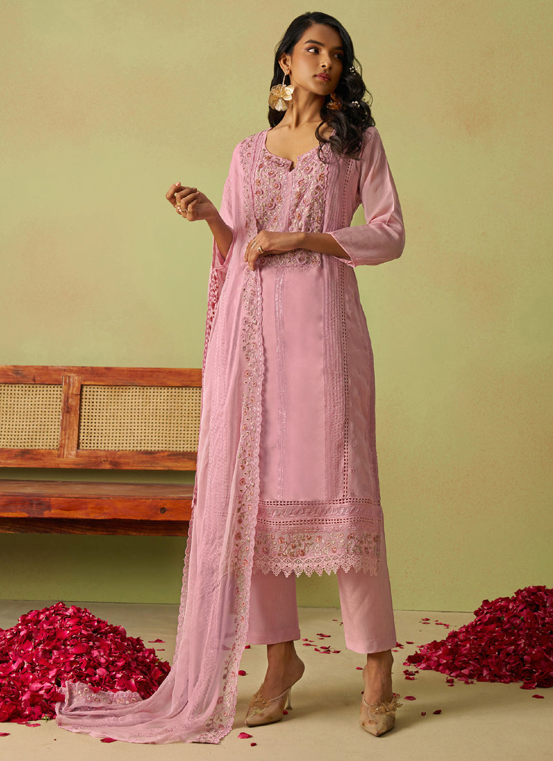 Vegaa Fashion Baby Pink Pure Organza Embroidered Salwar Suit - Distacart