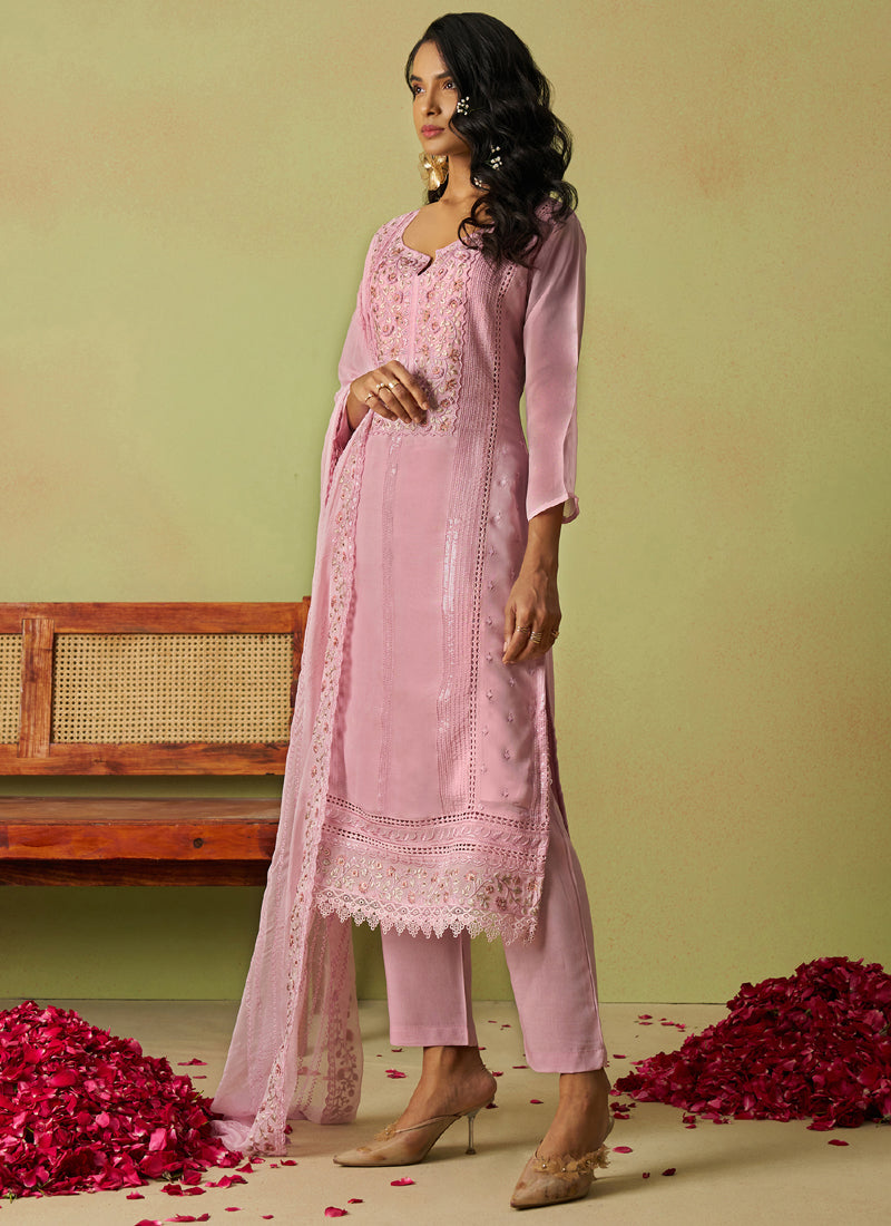 Vegaa Fashion Baby Pink Pure Organza Embroidered Salwar Suit - Distacart
