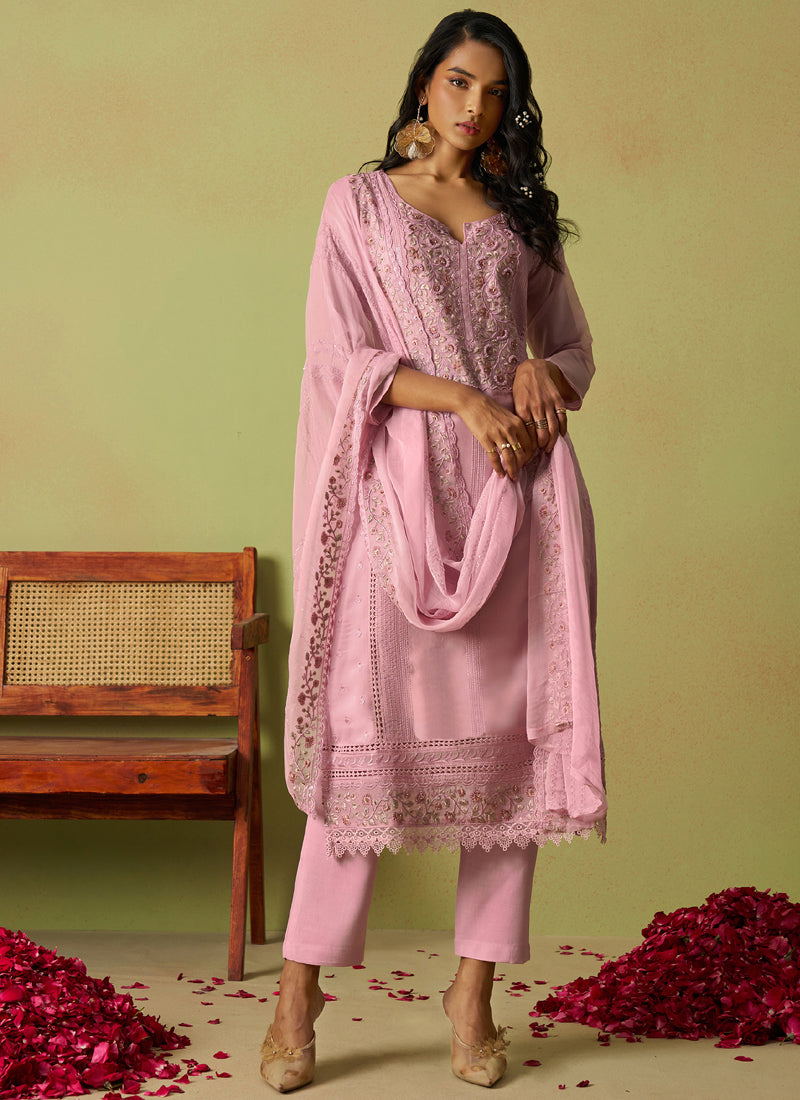 Vegaa Fashion Baby Pink Pure Organza Embroidered Salwar Suit - Distacart