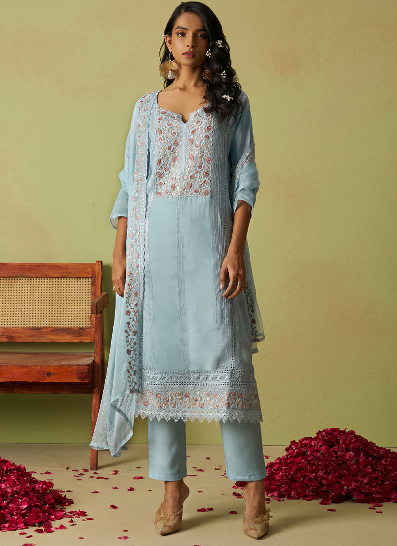 Vegaa Fashion Sky Blue Pure Organza Embroidered Salwar Suit - Distacart