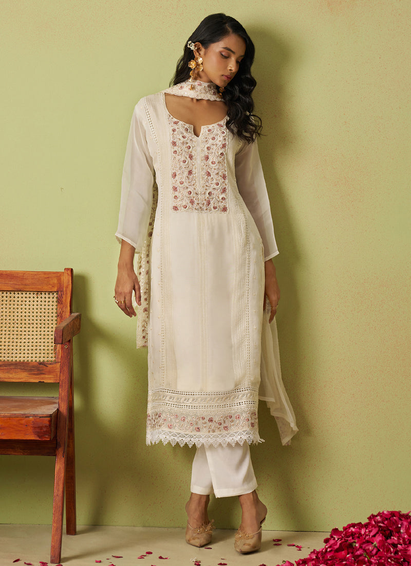 Vegaa Fashion Off White Pure Organza Embroidered Salwar Suit - Distacart