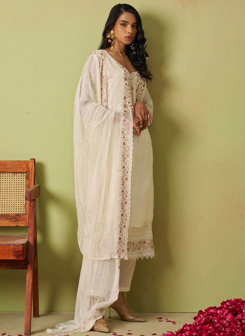 Vegaa Fashion Off White Pure Organza Embroidered Salwar Suit - Distacart