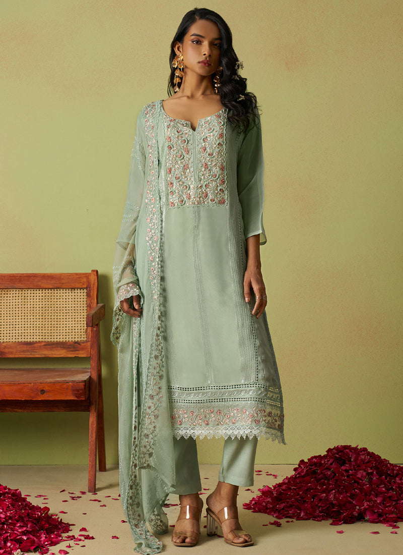 Vegaa Fashion Sea Green Pure Organza Embroidered Salwar Suit - Distacart