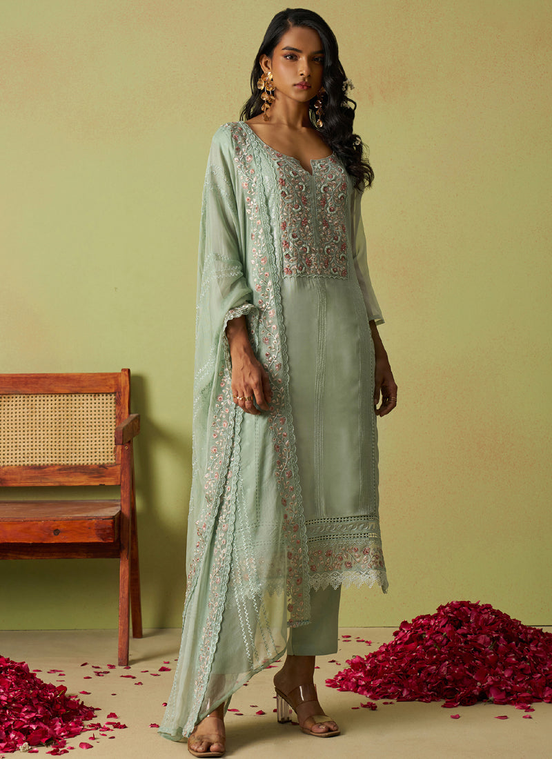 Vegaa Fashion Sea Green Pure Organza Embroidered Salwar Suit - Distacart
