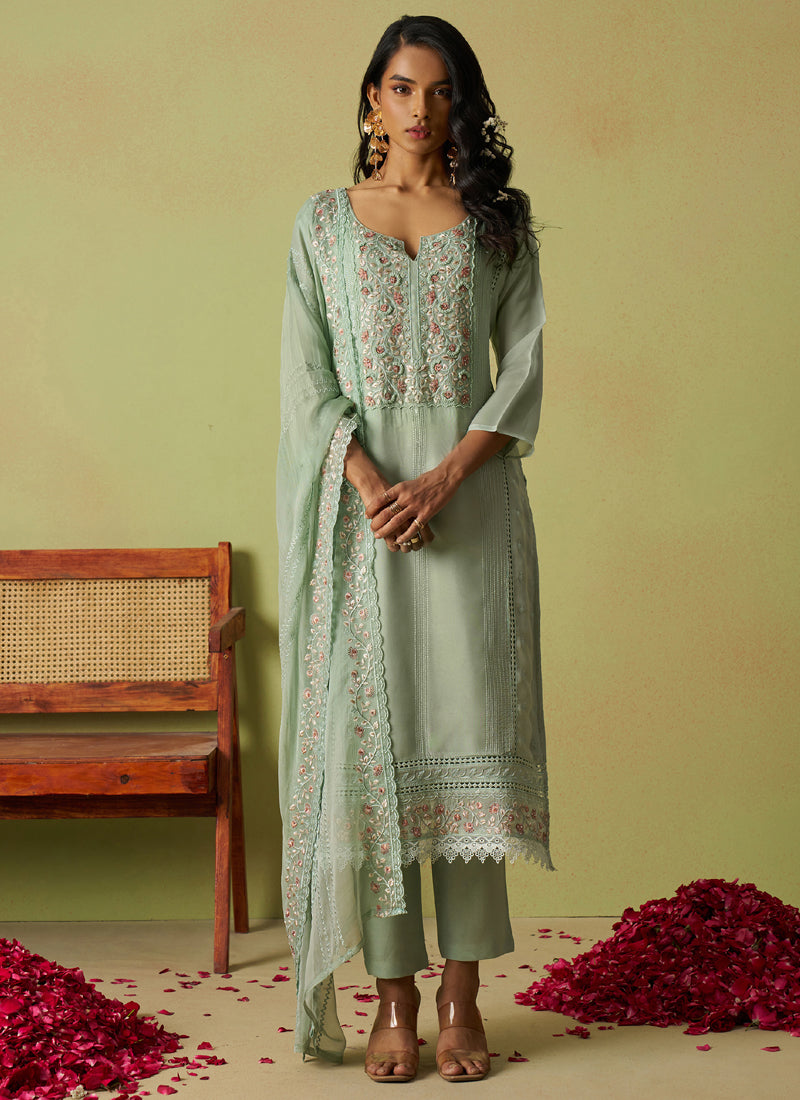 Vegaa Fashion Sea Green Pure Organza Embroidered Salwar Suit - Distacart
