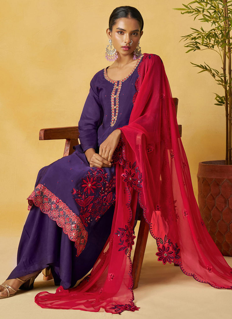 Vegaa Fashion Violet Organza Embroidered And Handwork Palazzo Suit - Distacart