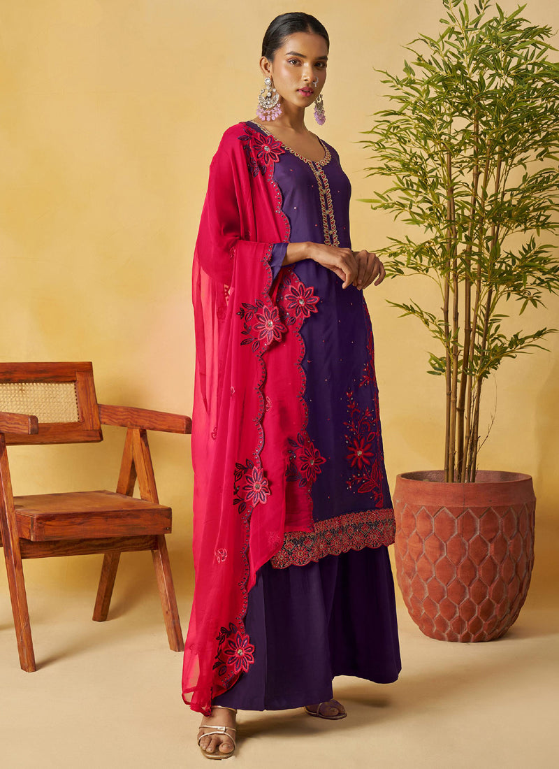 Vegaa Fashion Violet Organza Embroidered And Handwork Palazzo Suit - Distacart