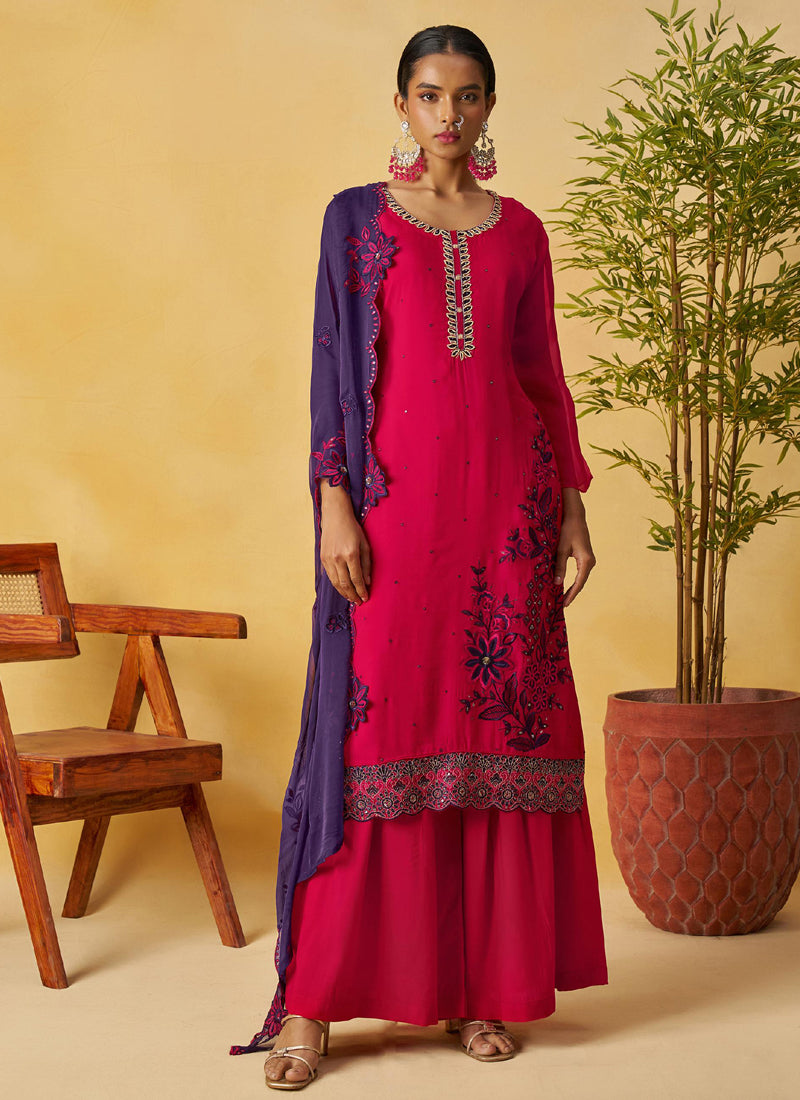 Vegaa Fashion Red Organza Embroidered And Handwork Palazzo Suit - Distacart