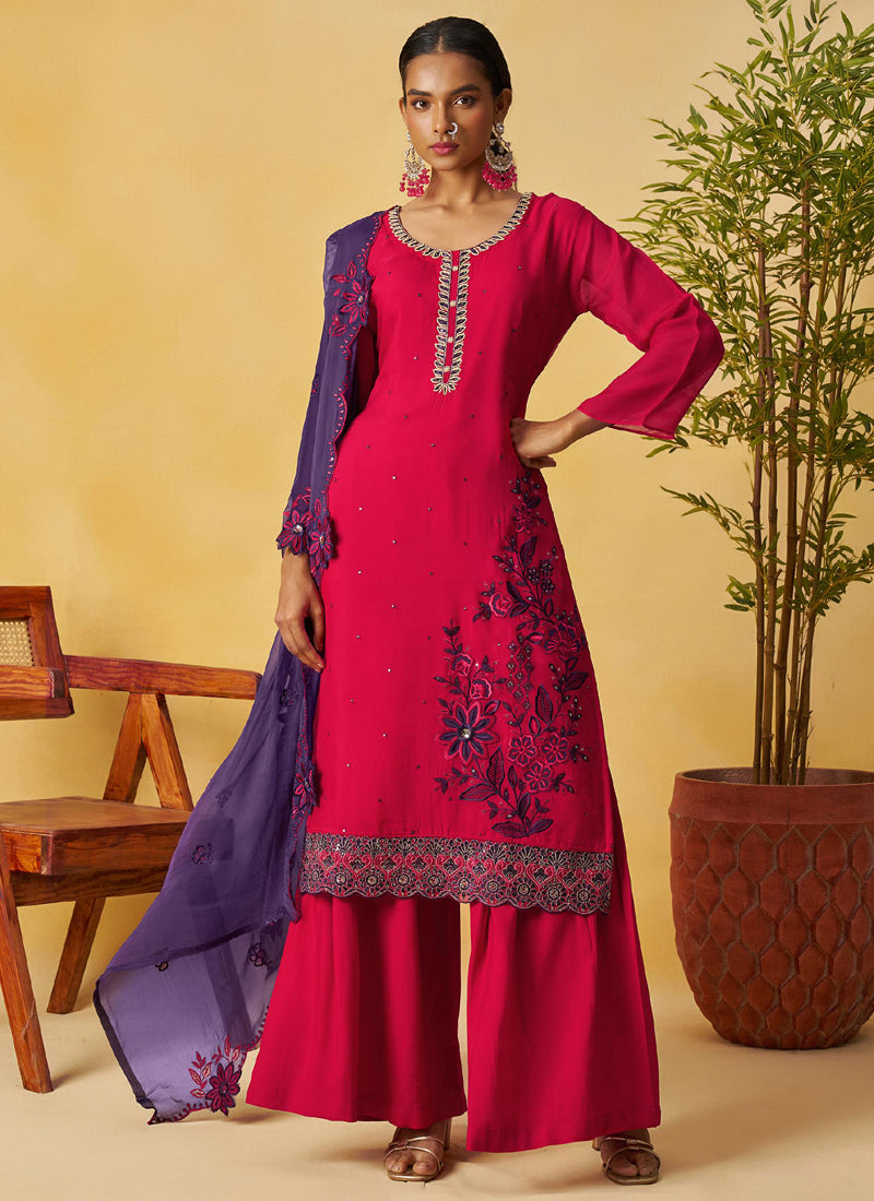 Vegaa Fashion Red Organza Embroidered And Handwork Palazzo Suit - Distacart