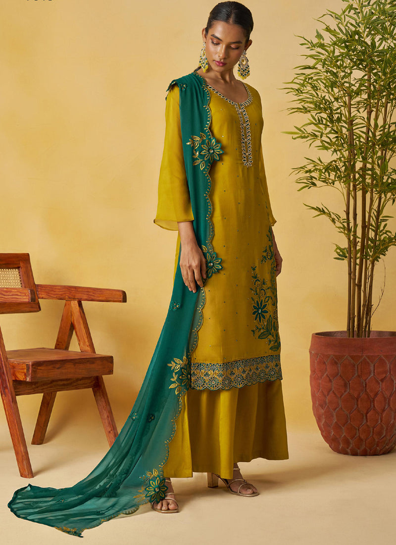 Vegaa Fashion Mustard Organza Embroidered And Handwork Palazzo Suit - Distacart