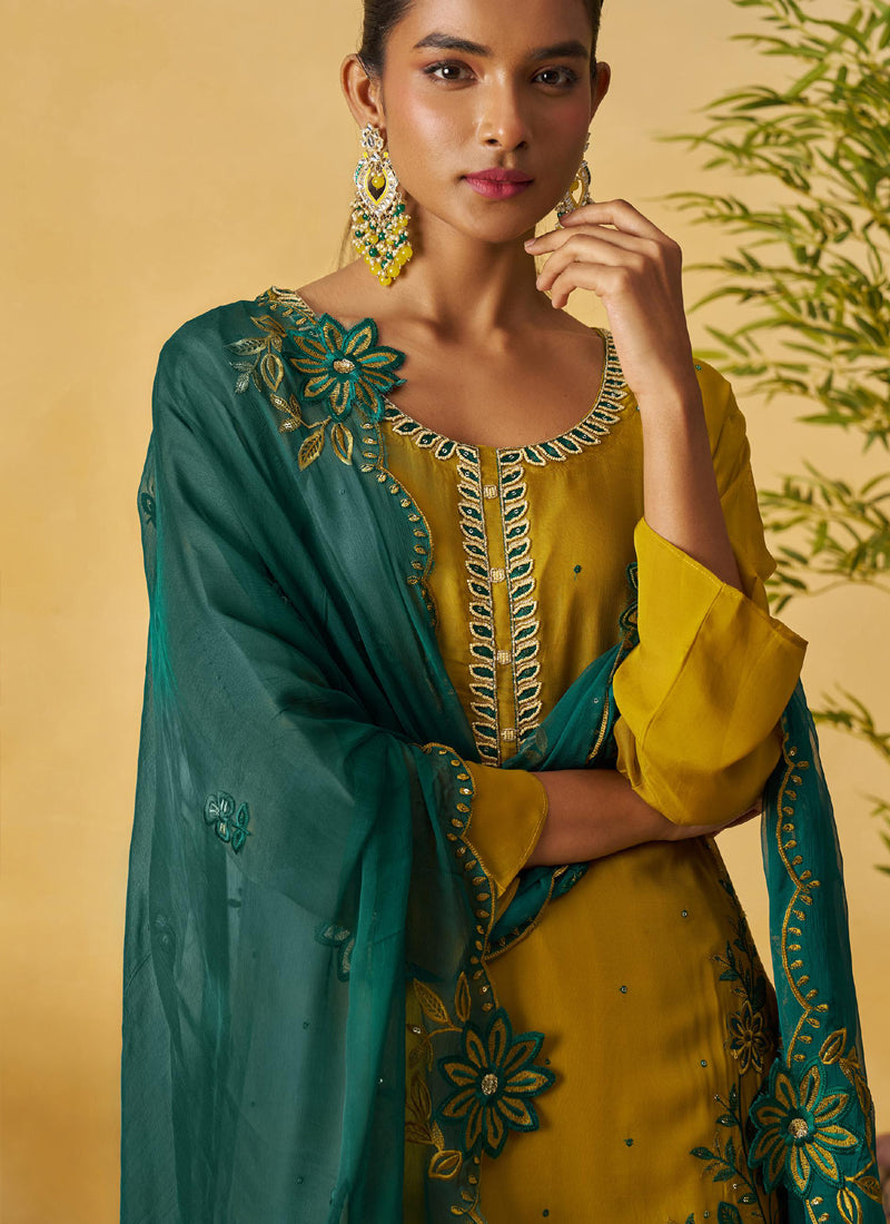 Vegaa Fashion Mustard Organza Embroidered And Handwork Palazzo Suit - Distacart