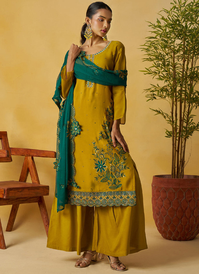 Vegaa Fashion Mustard Organza Embroidered And Handwork Palazzo Suit - Distacart