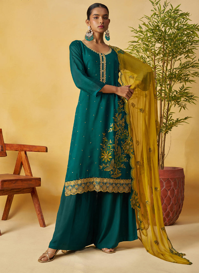 Vegaa Fashion Aqua Green Organza Embroidered And Handwork Palazzo Suit - Distacart