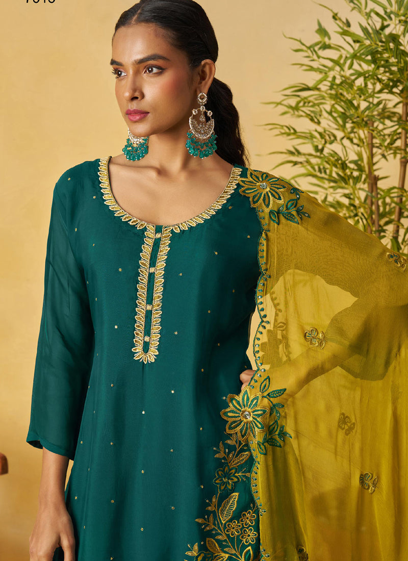 Vegaa Fashion Aqua Green Organza Embroidered And Handwork Palazzo Suit - Distacart