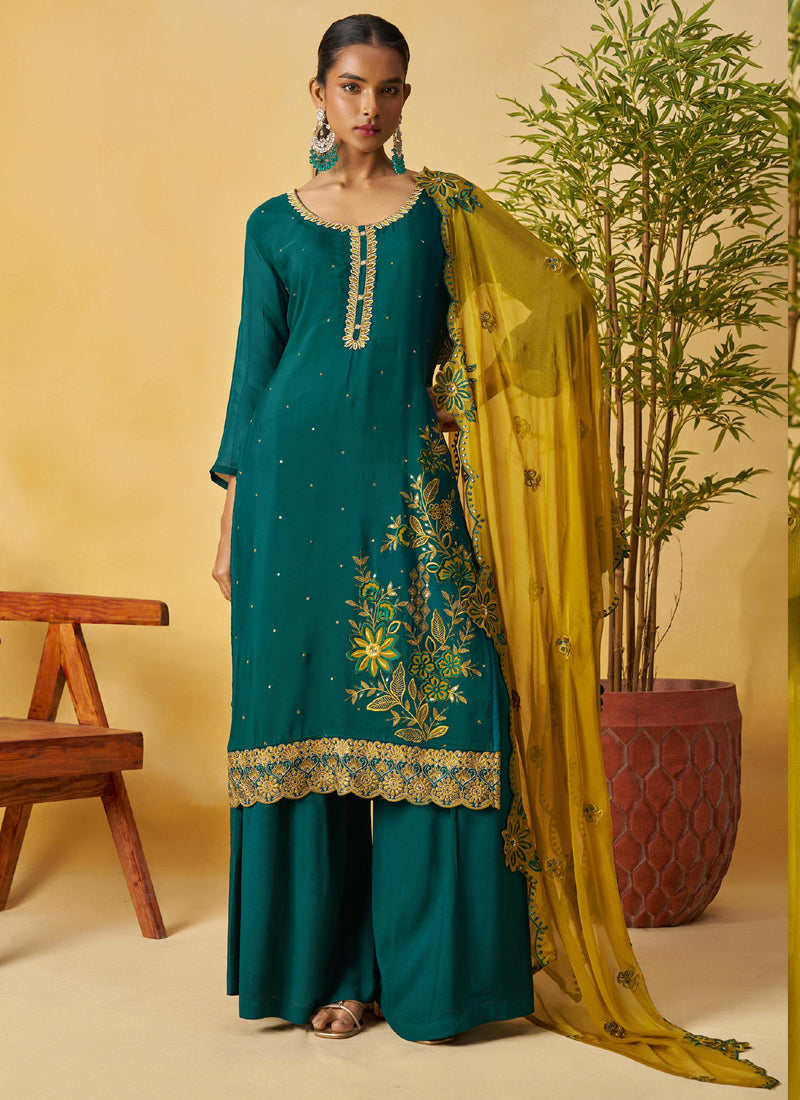 Vegaa Fashion Aqua Green Organza Embroidered And Handwork Palazzo Suit - Distacart