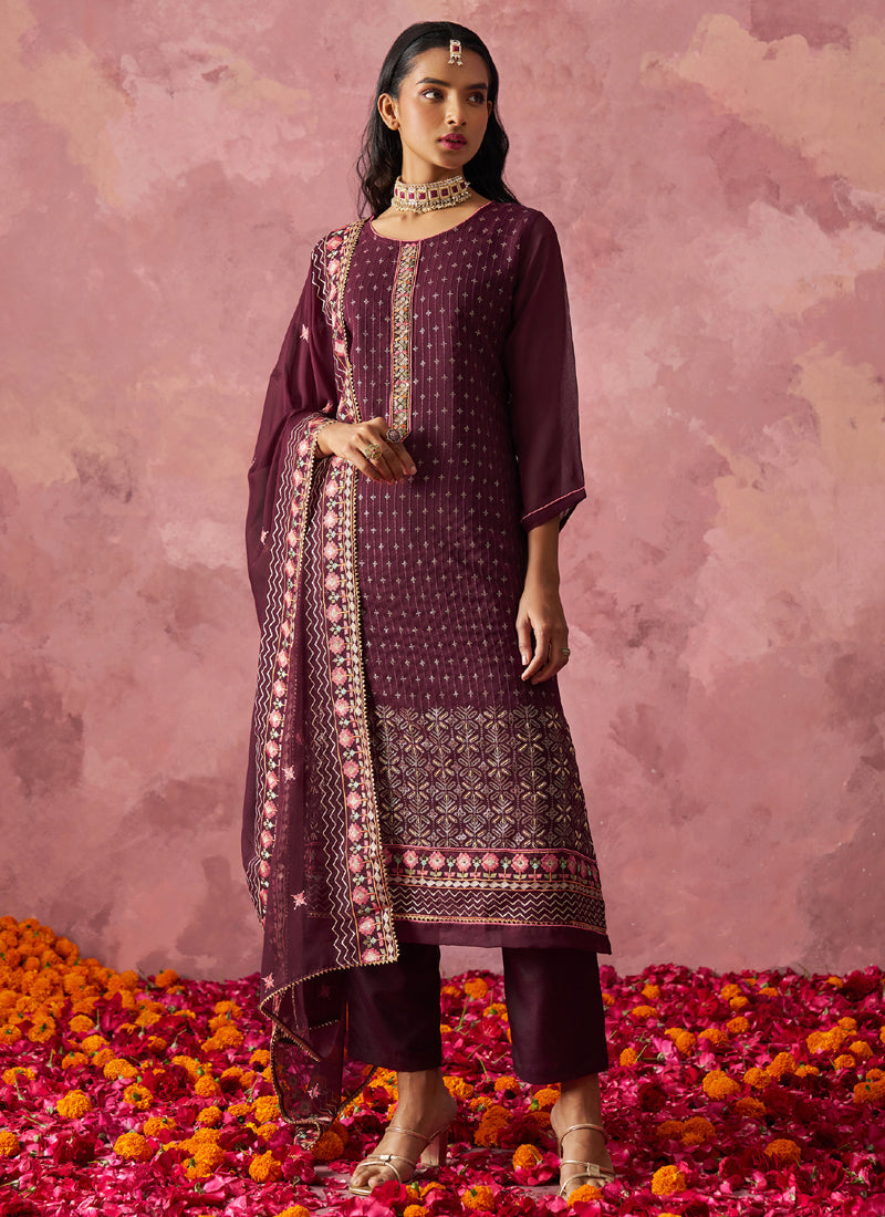 Vegaa Fashion Wine Georgette Embroidered Designer Salwar Suit - Distacart