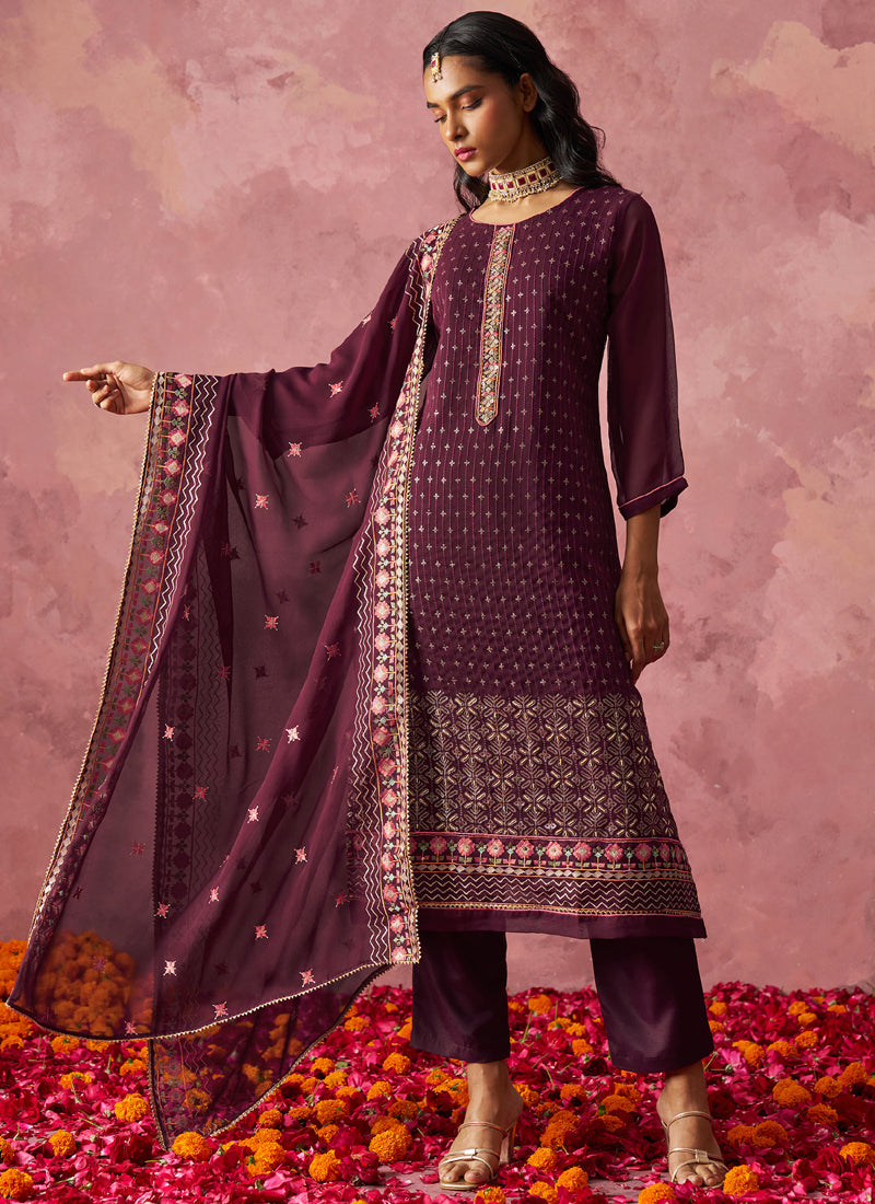 Vegaa Fashion Wine Georgette Embroidered Designer Salwar Suit - Distacart