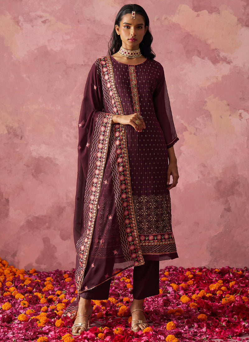 Vegaa Fashion Wine Georgette Embroidered Designer Salwar Suit - Distacart