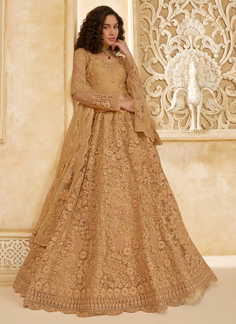Vegaa Fashion Beige Net Thread Work Wedding Lehenga